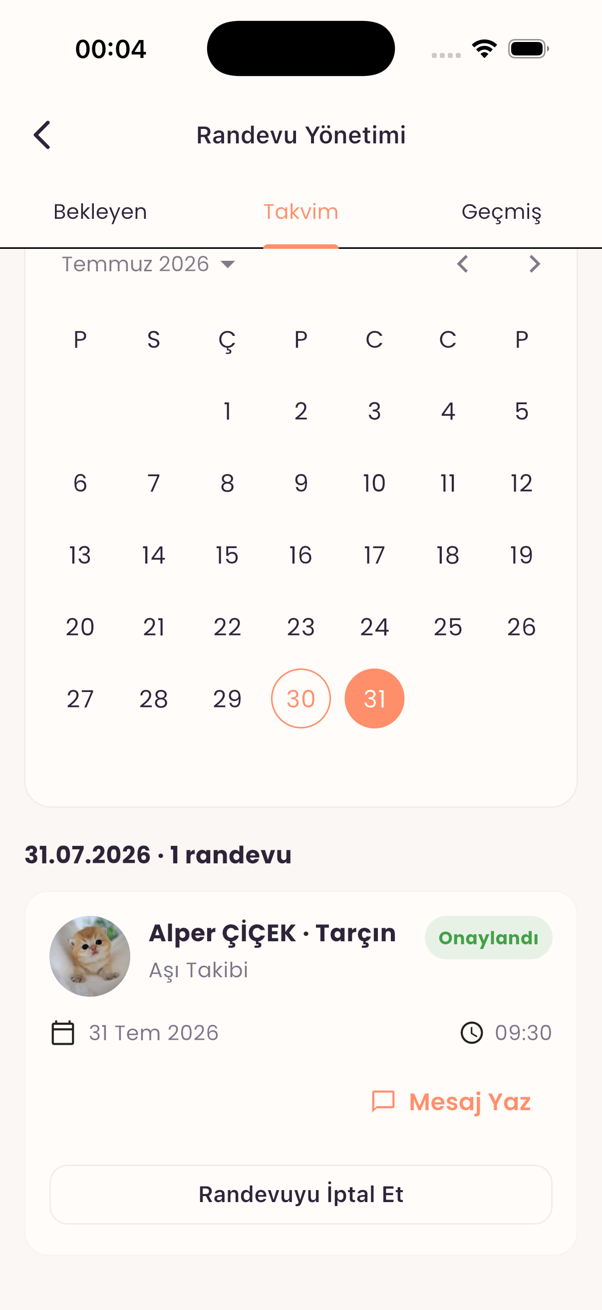 Randevu takvimi ekranı
