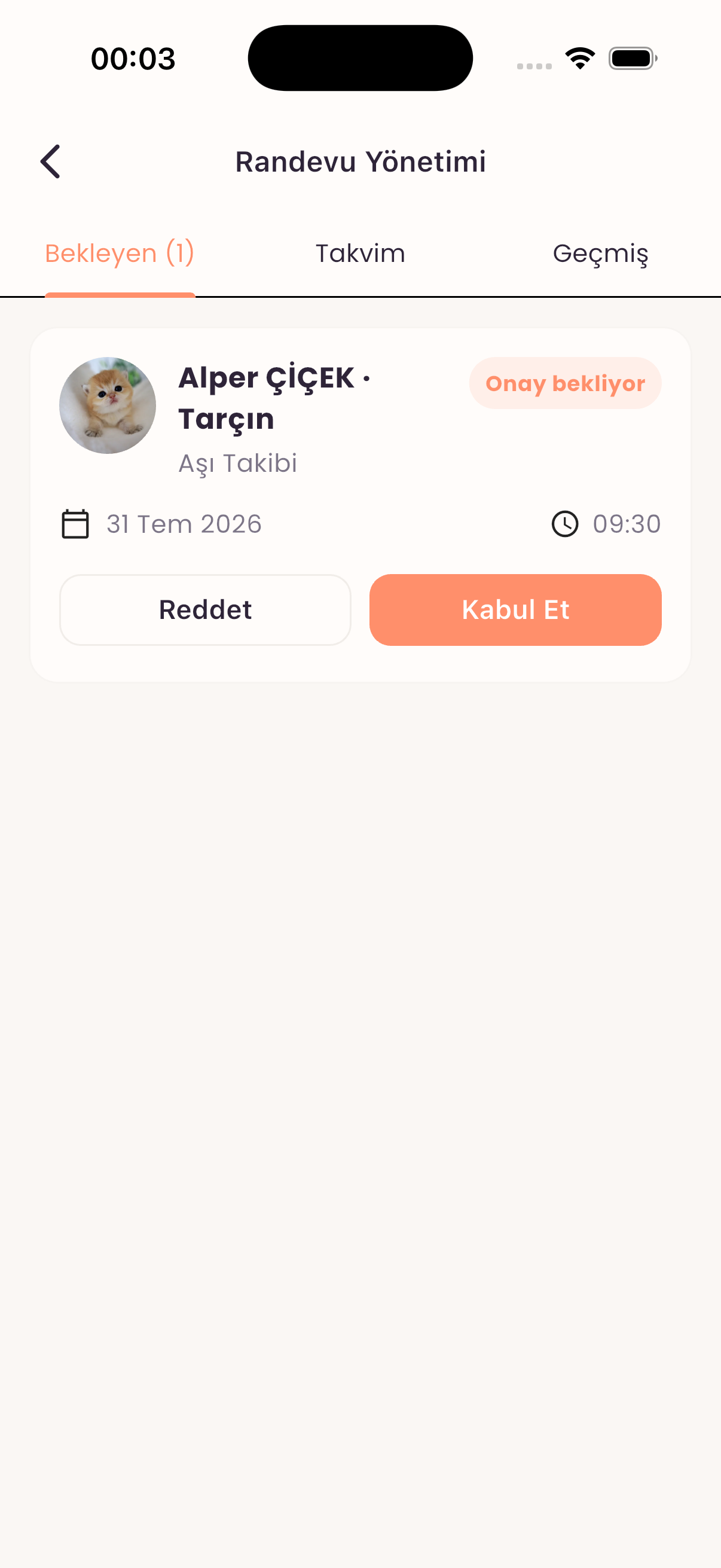 Bekleyen randevu talepleri ekranı