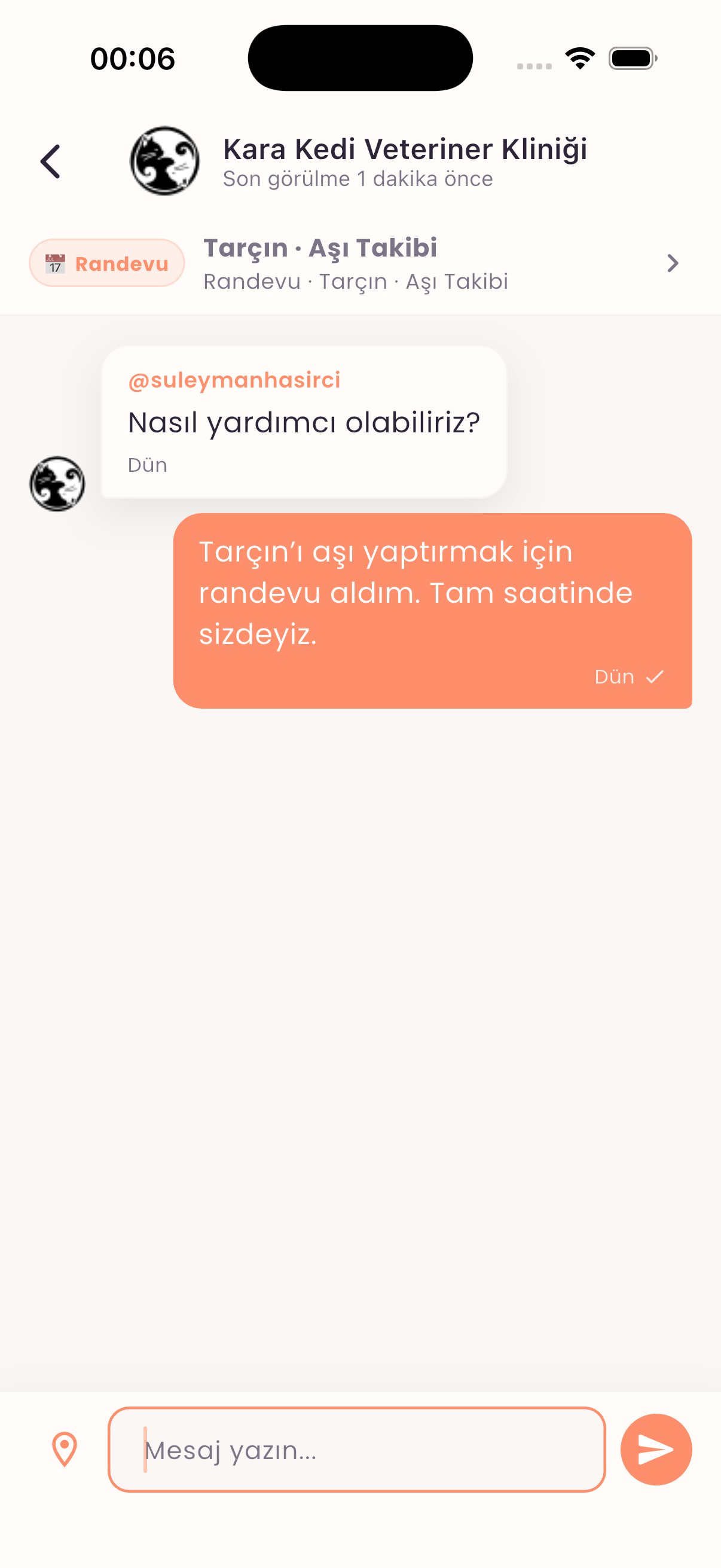 Randevu bağlantılı mesajlaşma ekranı