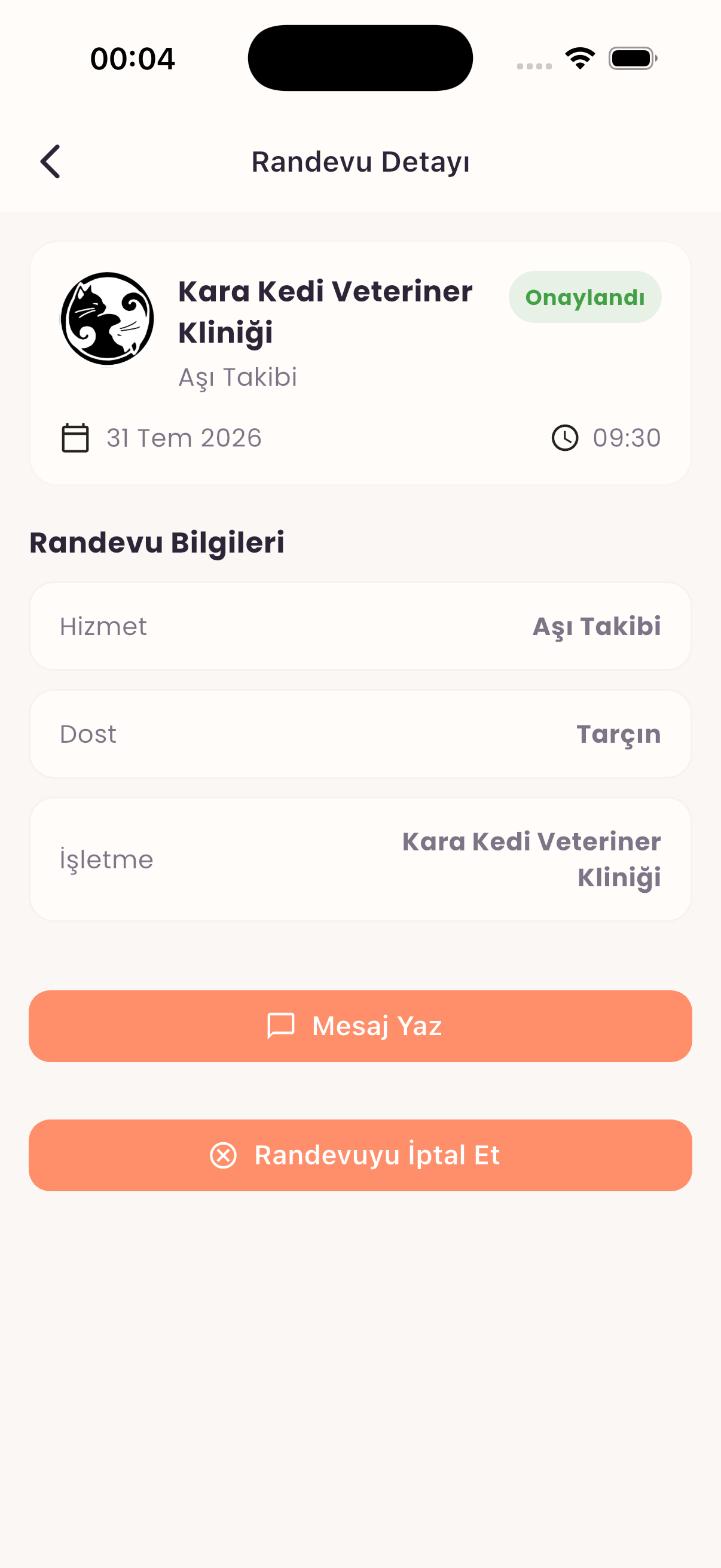Randevu detay ekranı