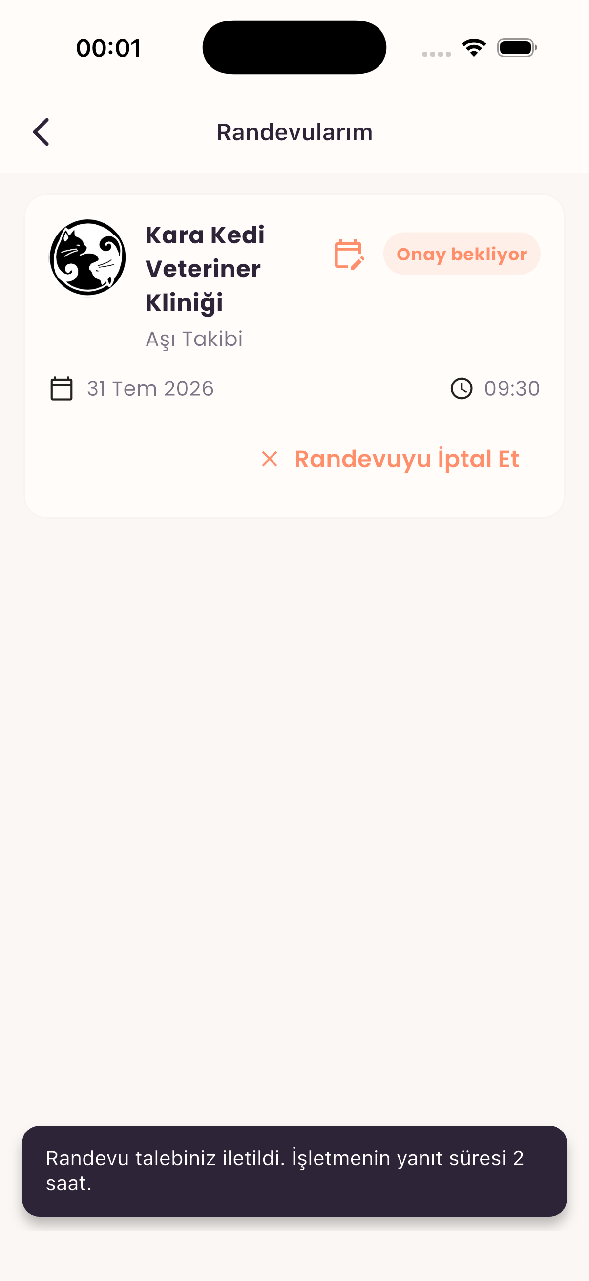Kullanıcının randevuları ekranı